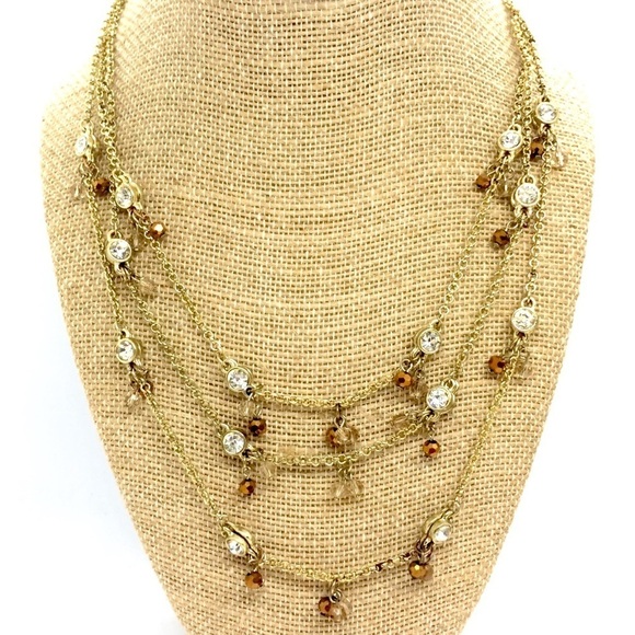 3/$30 ANN TALYLOR LOFT RHINESTONE BEAD DANGLE MULTI CHAIN GOLD TONE NECKLACE - Picture 1 of 11